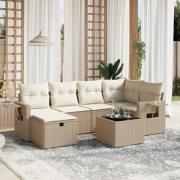 vidaXL Matgrupp för trädgården med dynor 7 delar beige konstrotting