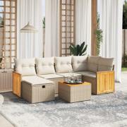 vidaXL Matgrupp för trädgården med dynor 7 delar beige konstrotting