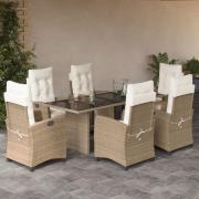 vidaXL Matgrupp för trädgården med dynor 7 delar beige konstrotting