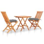 vidaXL Caféset 3 delar med gråa dynor massiv teak
