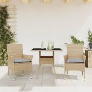 vidaXL Matgrupp för trädgård med dynor 3 delar beige konstrotting&glas