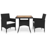 vidaXL Matgrupp för trädgården 3 delar svart konstrotting och akaciatr...