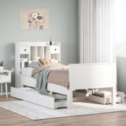 vidaXL Säng med bokhylla utan madrass vit 100x200cm massiv furu