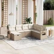 vidaXL Matgrupp för trädgården med dynor 7 delar beige konstrotting