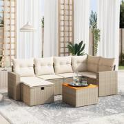 vidaXL Matgrupp för trädgården med dynor 7 delar beige konstrotting