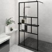 vidaXL Duschvägg med hylla svart 115x195 cm ESG-glas&aluminium