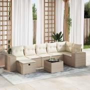 vidaXL Matgrupp för trädgården med dynor 8 delar beige konstrotting