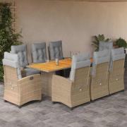 vidaXL Matgrupp för trädgården med dynor 9 delar mixbeige konstrotting