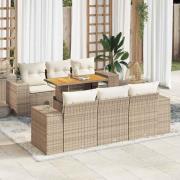 vidaXL Matgrupp för trädgården med dynor 7 delar beige konstrotting