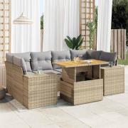 vidaXL Matgrupp för trädgården med dynor 7 delar beige konstrotting