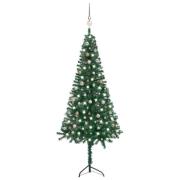 vidaXL Plastgran för hörn med LED och julgranskulor grön 240 cm PVC