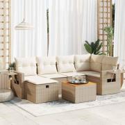 vidaXL Matgrupp för trädgården med dynor 7 delar beige konstrotting