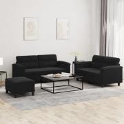 vidaXL Soffgrupp med kuddar 3 delar svart mikrofibertyg