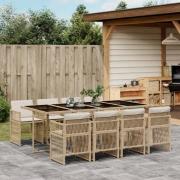 vidaXL Matgrupp för trädgården med dynor 9 delar beige konstrotting