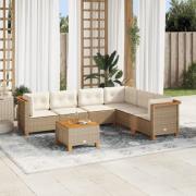 vidaXL Matgrupp för trädgården med dynor 7 delar beige konstrotting