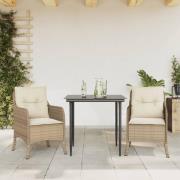 vidaXL Matgrupp för trädgården 3 delar med dynor beige konstrotting