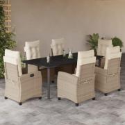 vidaXL Matgrupp för trädgården med dynor 7 delar beige konstrotting