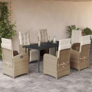 vidaXL Matgrupp för trädgården med dynor 7 delar beige konstrotting