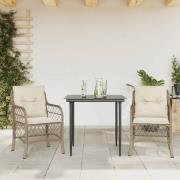 vidaXL Bistrogrupp med dynor 3 delar beige konstrotting