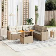 vidaXL Matgrupp för trädgården med dynor 7 delar beige konstrotting