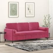 vidaXL 3-sitssoffa med prydnadskuddar vinröd 180 cm sammet