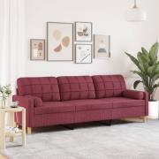 vidaXL 3-sitssoffa med prydnadskuddar vinröd 210 cm Tyg