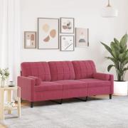 vidaXL 3-sitssoffa med prydnadskuddar vinröd 180 cm sammet