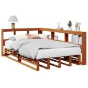 vidaXL Säng med bokhylla utan madrass vaxbrun 120x190 cm massiv furu