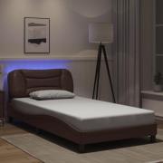 vidaXL Sängram med LED-belysning brun 100x200 cm konstläder