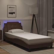 vidaXL Sängram med LED-belysning brun 90x200 cm konstläder