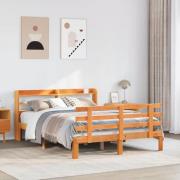vidaXL Sängram med huvudgavel vaxbrun 135x190 cm massiv furu