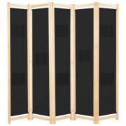 vidaXL Rumsavdelare 5 paneler 200x170x4 cm svart tyg