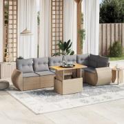 vidaXL Matgrupp för trädgården med dynor 7 delar beige konstrotting