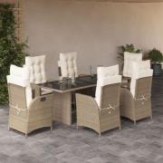vidaXL Matgrupp för trädgården med dynor 7 delar beige konstrotting