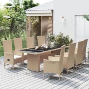 vidaXL Matgrupp för trädgården med dynor 9 delar beige konstrotting