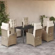 vidaXL Matgrupp för trädgården med dynor 7 delar beige konstrotting