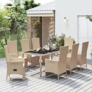vidaXL Matgrupp för trädgården med dynor 9 delar beige konstrotting