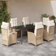 vidaXL Matgrupp för trädgården med dynor 7 delar beige konstrotting