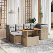 vidaXL Matgrupp för trädgården med dynor 7 delar beige konstrotting