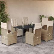vidaXL Matgrupp för trädgården med dynor 7 delar beige konstrotting
