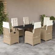 vidaXL Matgrupp för trädgården med dynor 7 delar beige konstrotting