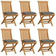 vidaXL Trädgårdsstolar 6 st med gråa dynor massiv teak
