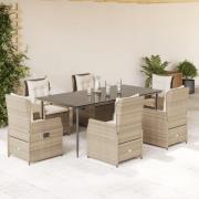 vidaXL Matgrupp för trädgården med dynor 7 delar beige konstrotting