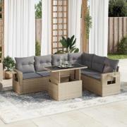 vidaXL Matgrupp för trädgården med dynor 7 delar beige konstrotting