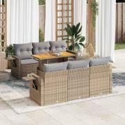vidaXL Matgrupp för trädgården med dynor 7 delar beige konstrotting