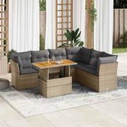 vidaXL Matgrupp för trädgården med dynor 7 delar beige konstrotting
