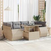 vidaXL Matgrupp för trädgården med dynor 7 delar beige konstrotting