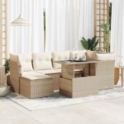 vidaXL Matgrupp för trädgården med dynor 7 delar beige konstrotting