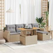 vidaXL Trädgårdssoffset med dynor 6 delar beige konstrotting akaciaträ