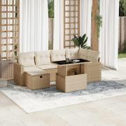 vidaXL Matgrupp för trädgården med dynor 7 delar beige konstrotting
